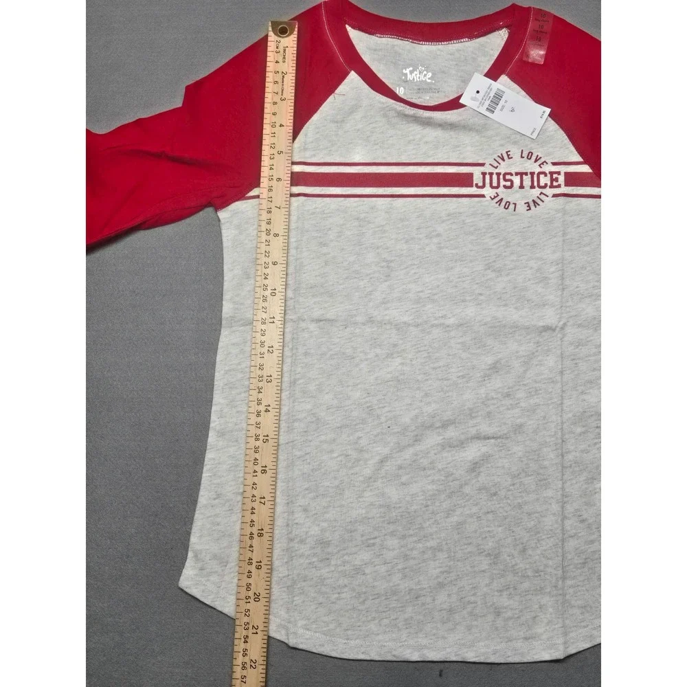 Justice Girls Raglan Tee Red Gray Long Sleeve Graphic Shirt Size 10 NEW